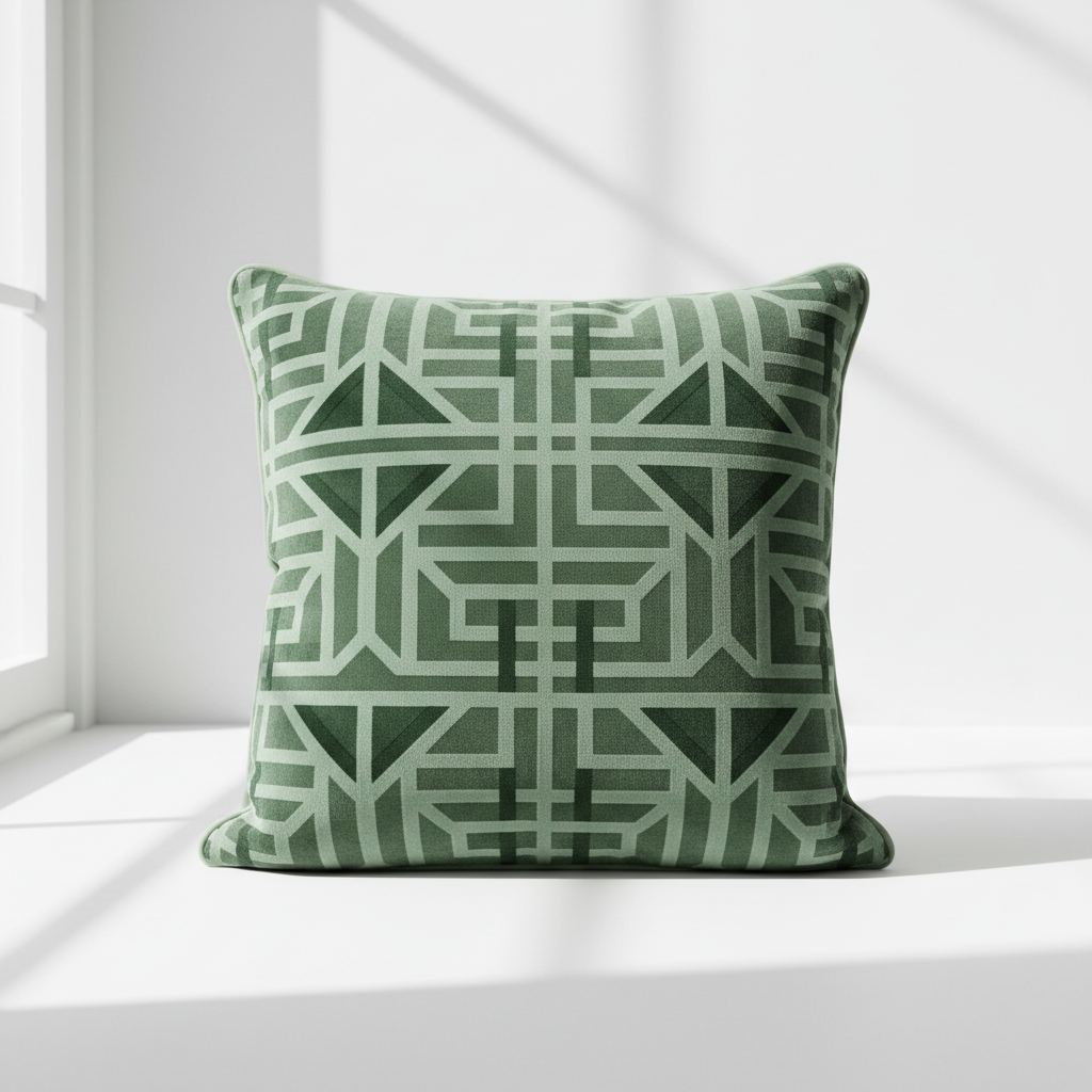 Coussin décoratif en velours vert sauge avec motifs géométriques