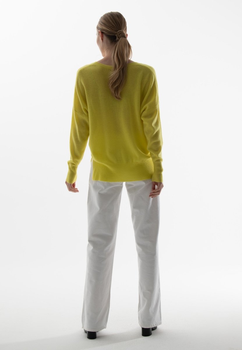 Pull col V femme en cachemire jaune fluo - RIA 3
