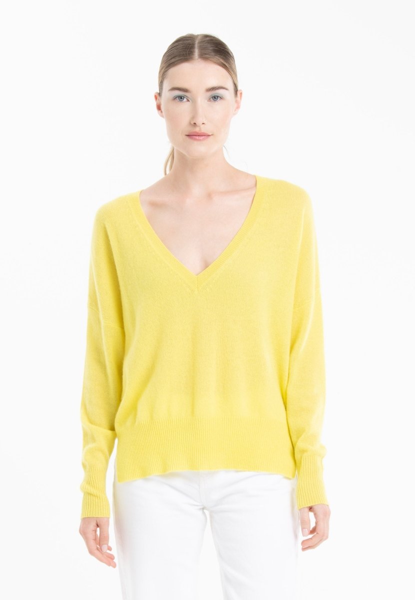 Pull col V femme en cachemire jaune fluo - RIA 3