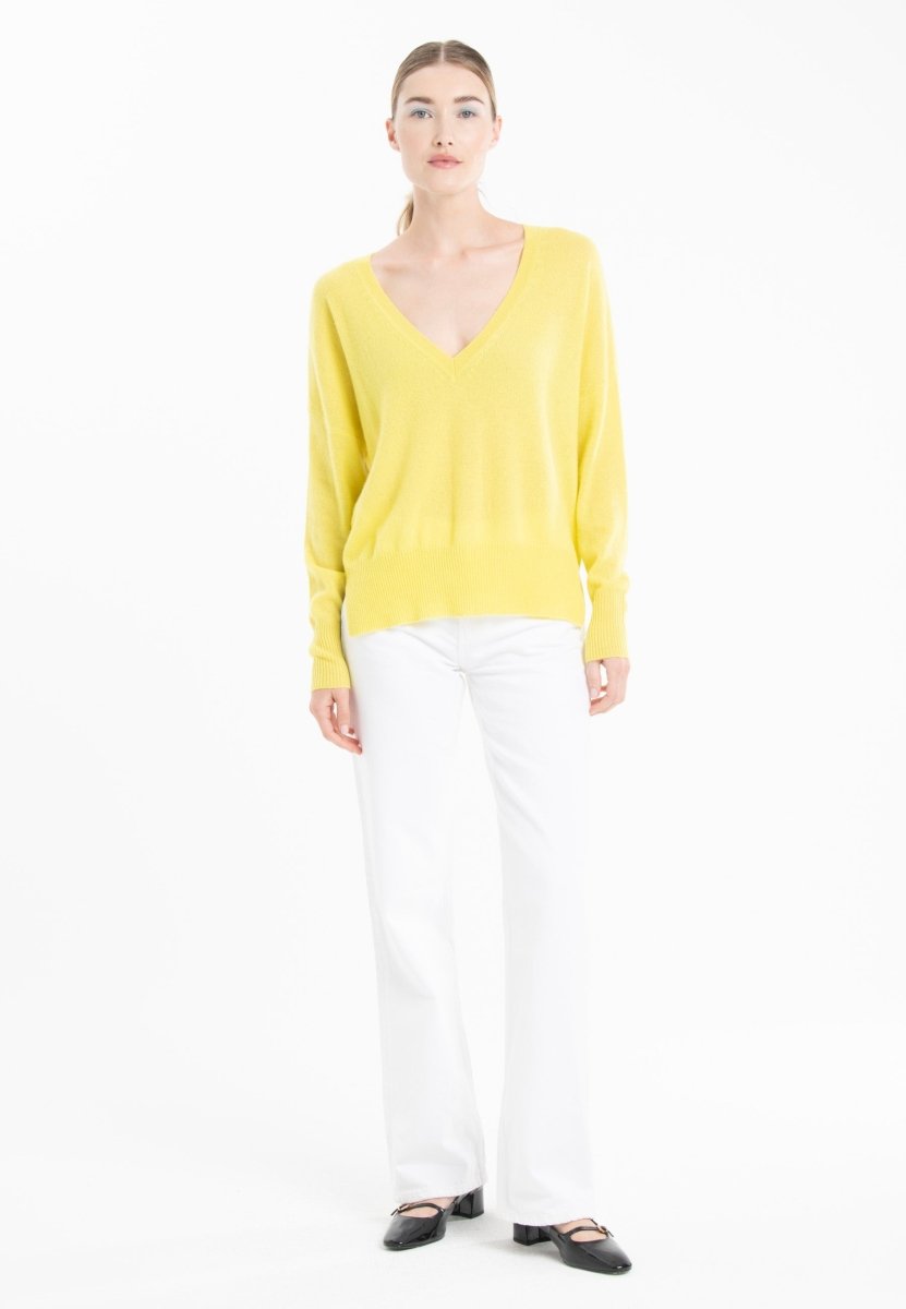 Pull col V femme en cachemire jaune fluo - RIA 3