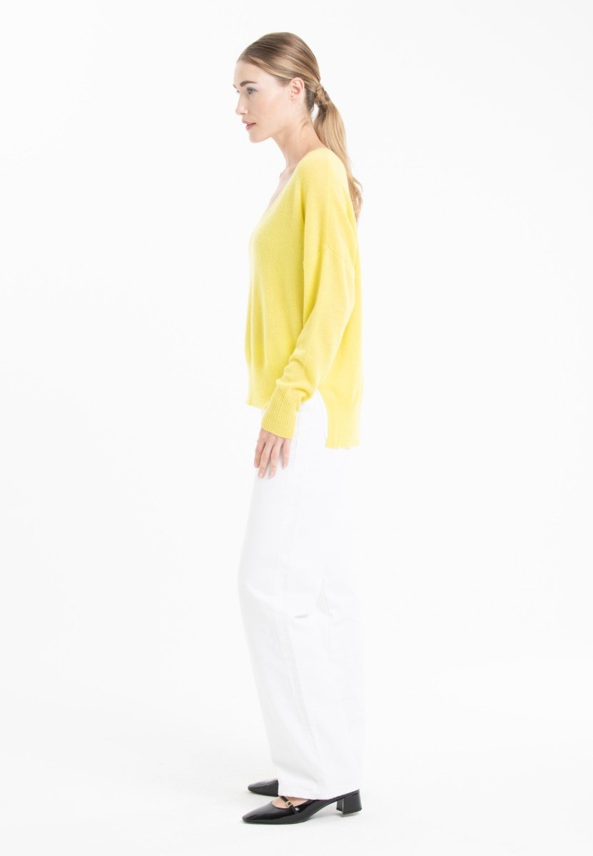 Pull col V femme en cachemire jaune fluo - RIA 3